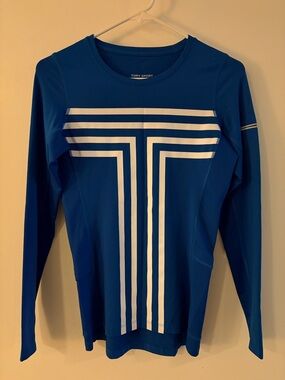 Tory Burch Tory Sport Blue Long Sleeve Athletic Top with White Stripe Detail